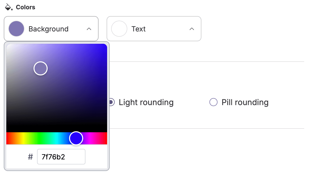 The color picker tool with a field for the hex value at the bottom